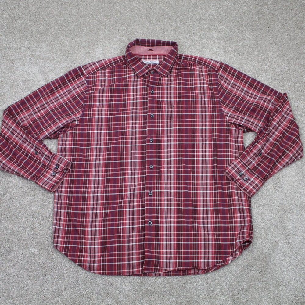 Tommy Bahama Shirt Mens Large Red‎ Cotton/Silk Blend Stretch L/S Button Down